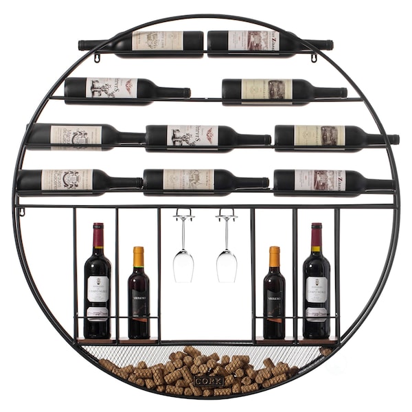 Vintiquewise Vintage Decorative Modern Black Metal Round Wall Mounted Wine Display Rack w/Cork and Glass Holder QI004276.KD - main